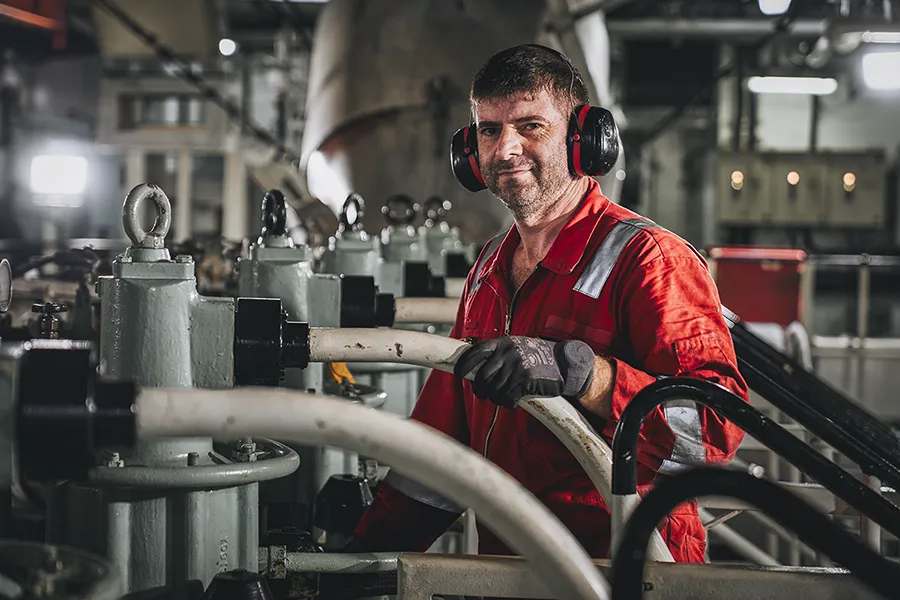 Schiffsmechaniker im Maschinenraum, arbeitet an Rohr- und Ventilsystemen